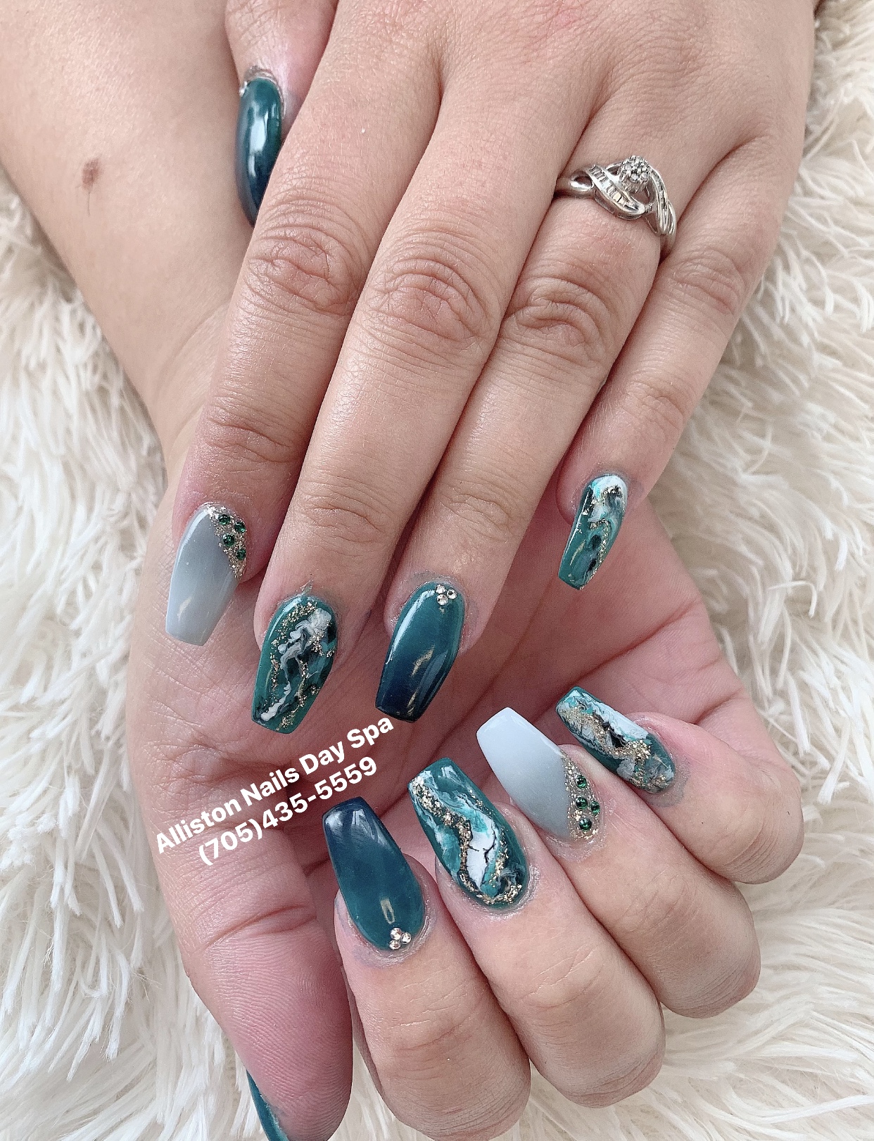Beautiful teal and silver nail art by Alliston Nails & Day Spa